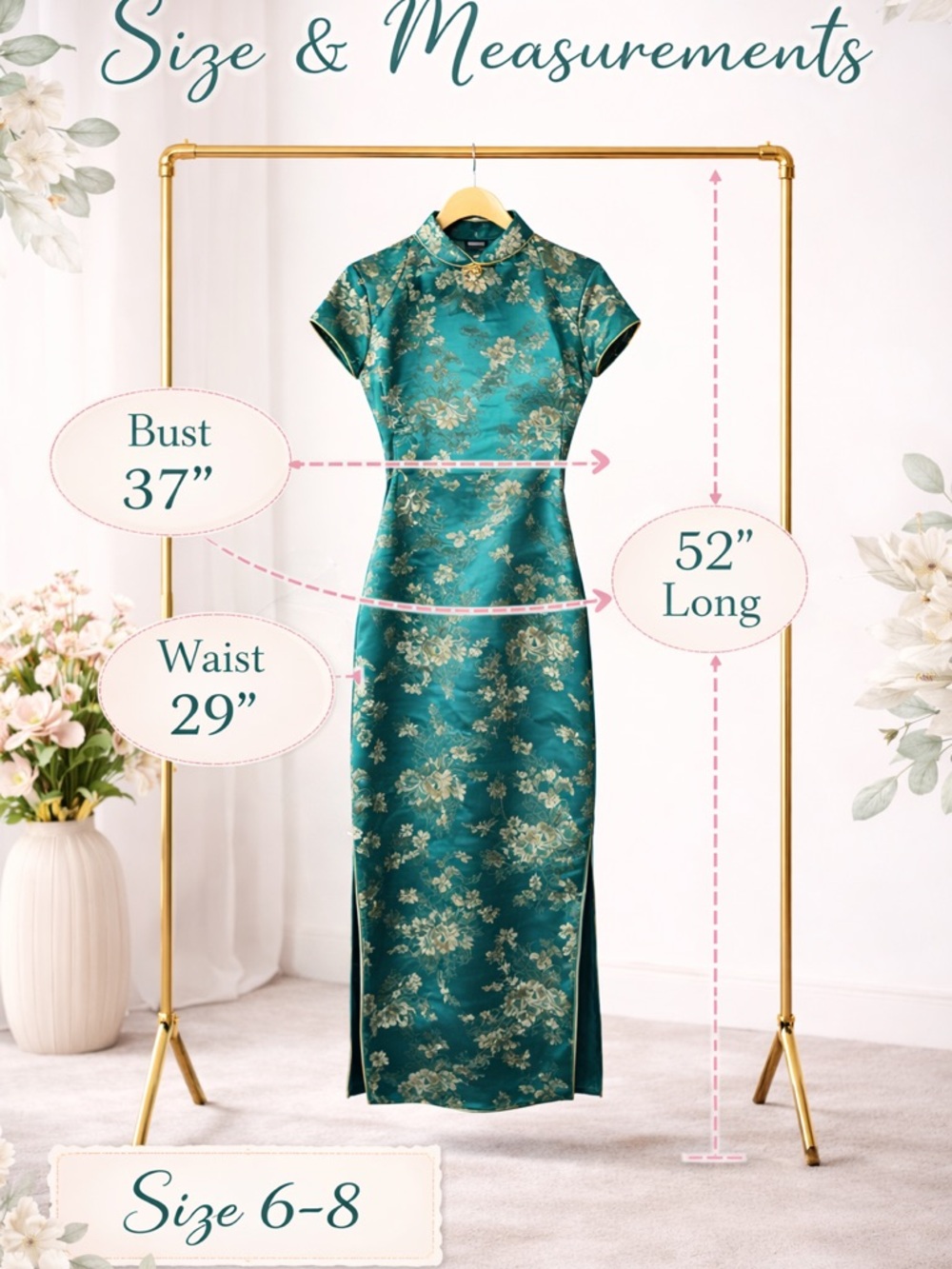 Handmade Teal Brocade Cheongsam Dress | Size 6 | 52” L | Mandarin Collar Formal - Picture 2 of 9